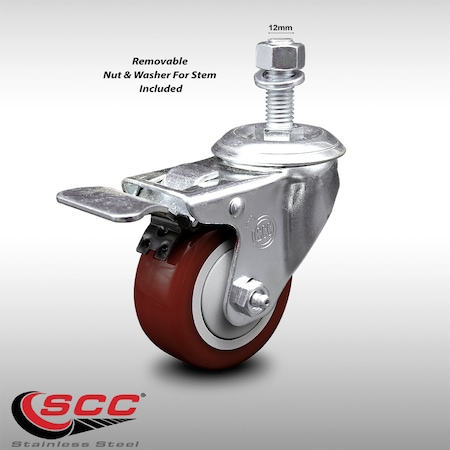 Service Caster 3.5 Inch SS Maroon Polyurethane 12mm Threaded Stem Caster Total Lock Brake SCC-SSTSTTL20S3514-PPUB-MRN-M1215
